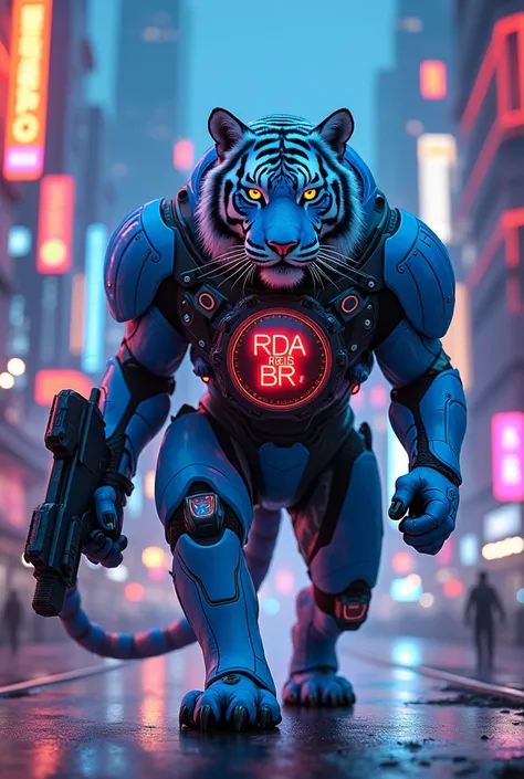  Image of a tiger with neon lights wearing blue futured armor, with a rounded red shield on his chest ,  written with the acronym RDA REIS BR neon blue ,  walking in a city of the modern future under an illuminated sky, exquisitely designed ,  with neon bl...