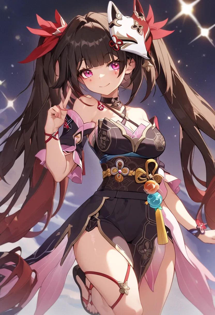 ((best quality, amazing quality, very aesthetic, highres, incredibly absurdres, retouched, smooth lines, excellent color,shiny skin )), sparkle_(honkai:_star_rail)  ,twintails, hair ornament, off shoulder kimono, mask on head, detached sleeves, choker, obi, single glove, cross-laced sandals, wristband, criss-cross halter, thigh strap
,looking at viewer