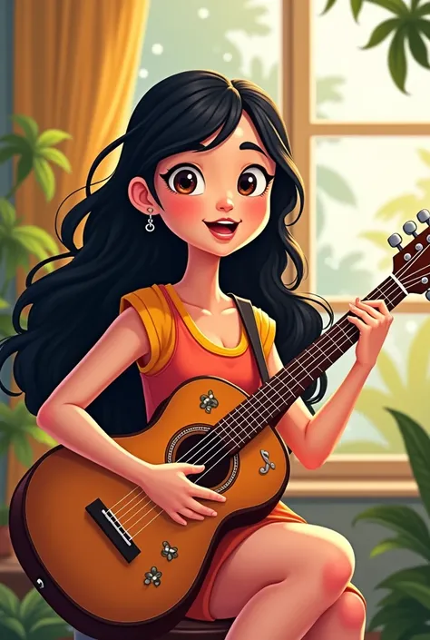 Cartoon woman with long black hair playing a guitar 