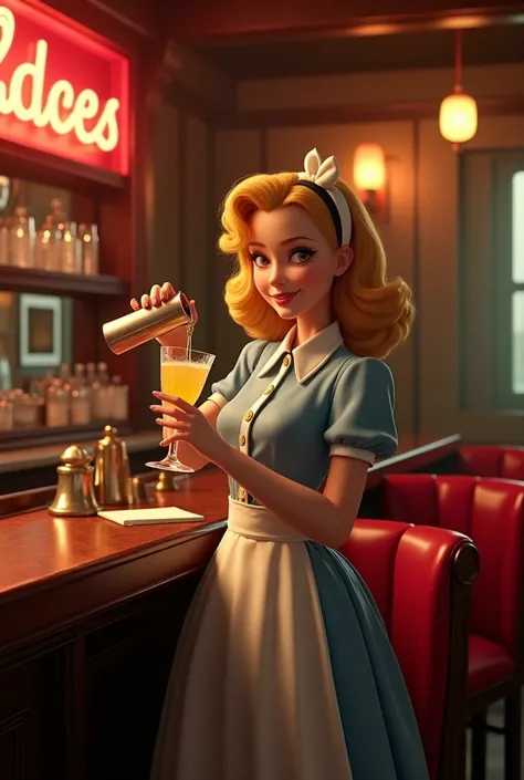 Vintage mode Goldilocks from the fairytale is the bartender of a classic bar from the 1950s and shows a gold-colored drink