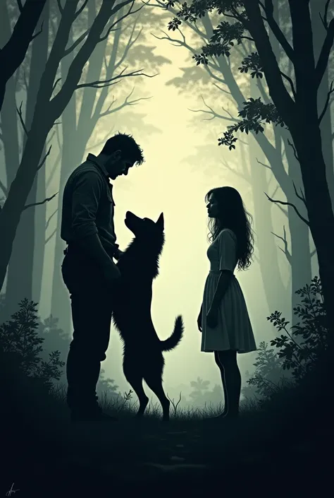 silhouette of a man holding his dog that looks a lady standing facing the back on his two feet in the woods