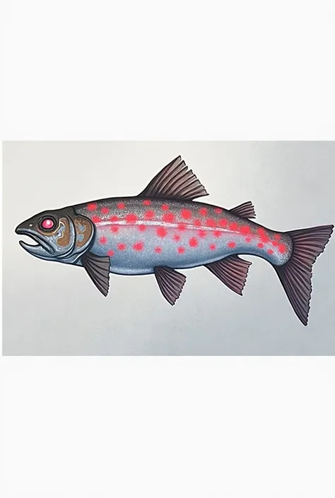 Solo, black trout, red Glowing spots on skin, silver belly, black and red fins, fantasy Fish, black background, Creature Design Sheet