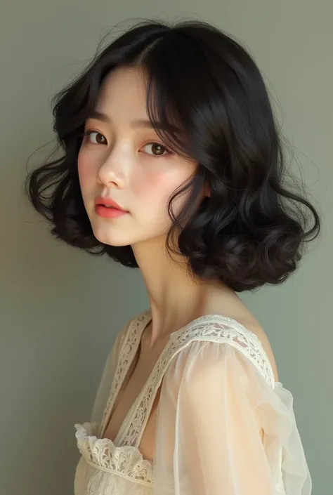 Asian girl shoulder length short hair vintage perm