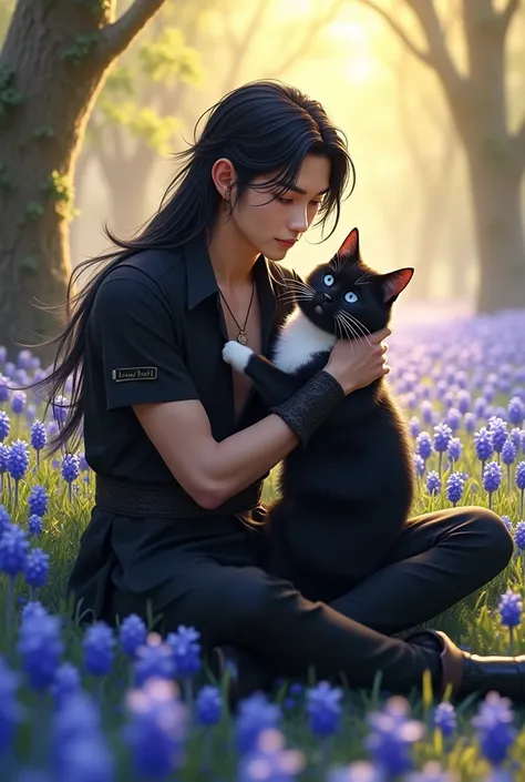  photorealistic, Elfenmann sits happily and cuddles with his cat surrounded by bluebells

Eleven appearance: Male, 25 years, Warrior,  very light skin,  androgynous facial features , Asian, long black and white hair,  blue eyes,  very slim, wiry , black sh...