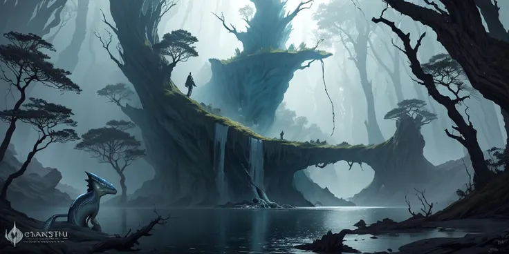 night forest, gloomy, scary, dramatic,  dry branchy trees,  clear lakes closer to the center , cliff, waterfall, ( unusual long fish-like snake, with 4 fins , leviathan, long high crest , many fins ). lots of eyes . in the water. (masterpiece),( of the hig...