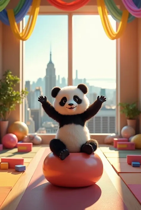 Baby panda, having high altitude yoga sport, big yoga ball and yoga sport equipment around, with rainbow color cloth for high altitude hanging on ceiing, enjoy, background window side, yoga fitness centre, fabulous view of New York city, smile, sunshine, r...