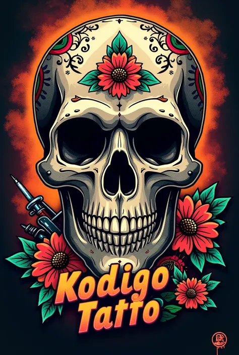 A colorful Mexican Cholos skull logo 
 with tattoo machine and Kodigo Tatto logo name