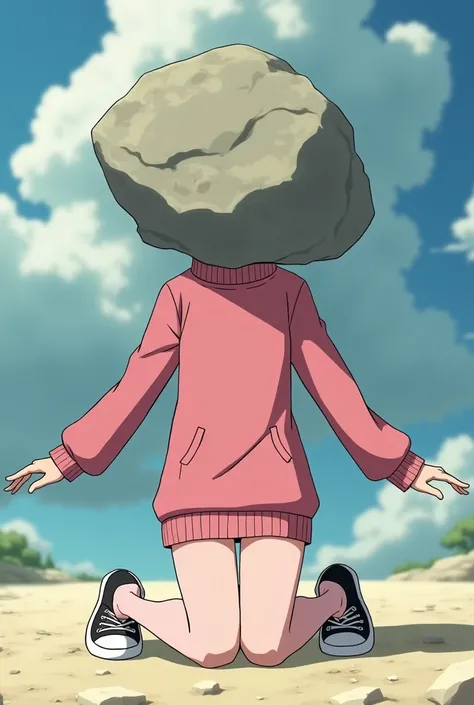 girl, anime, adolescent, light pink long stockings that reach the thigh, chompa rosa, white toe black shoes, kneeling, with a large rock replacing his head,  with arms outstretched ,  anime style