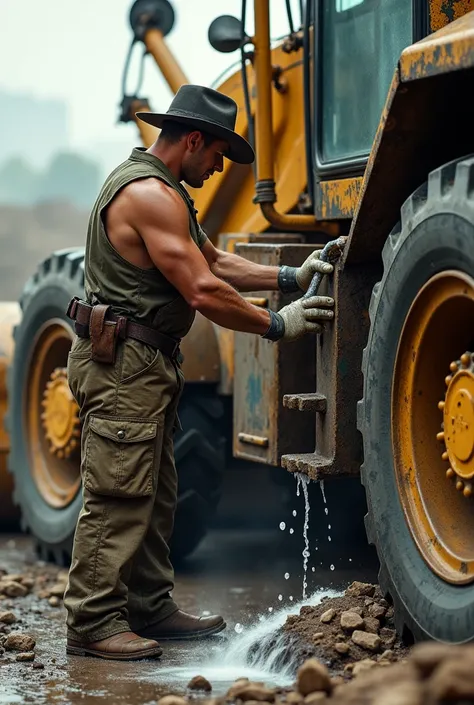 Worker washing a backhoe