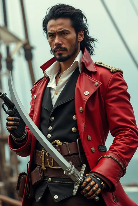  a man of Vietnamese and English descent has a robotic arm in the color red wears classic pirate captains clothing , And he has a naval admirals sword and a pistol  