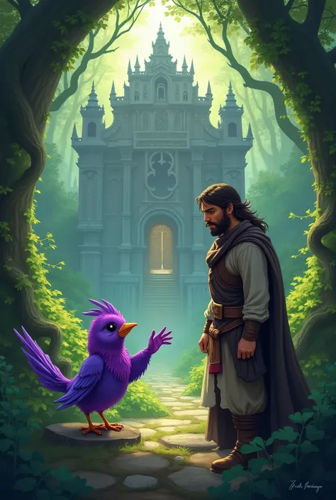 Little purple bird trying to convince a man Ulysses not to go to a palace that was hidden in the trees 