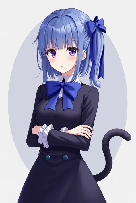 1 ,  Frederica Bernkastel, fringe, blue bow, blue hair, blunt fringe, bow, hold the chest,  cat tail,  crossed arms , dress,  long hair , long sleeves, purple eyes,  plain background, Alone, tail bow,  tail ornament , cauda levantada, tail ribbon 