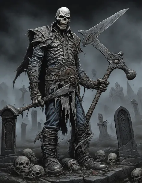 Eddie (iron Maiden) standing, an ax in hand, leaning next to a tombstone written: "rest in peace", night, cemetery, white fog, hyper detailed, ,,, Horror films, often for scares, monsters, or psychological terror.