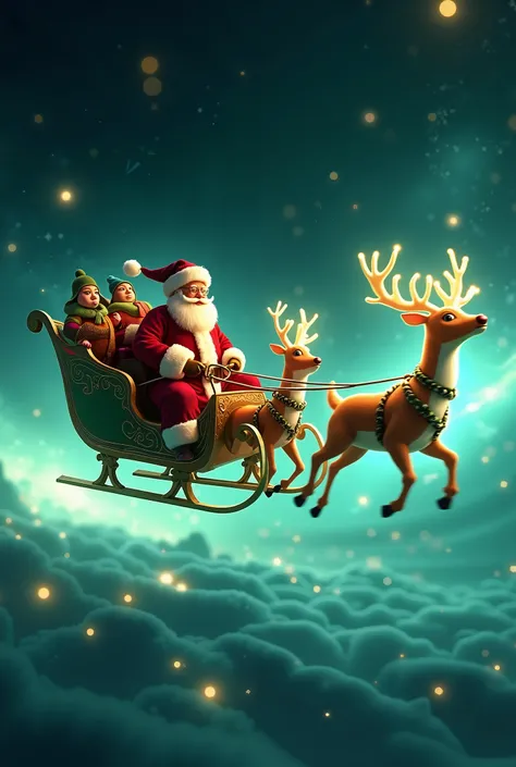 **Santa Claus riding a sleigh pulled by two cute reindeer in space captured in a kinetic light painting bokeh, with light streaks and motion blur against a soft bokeh background. Use vibrant turquoise and lime green for the light trails, contrasting agains...