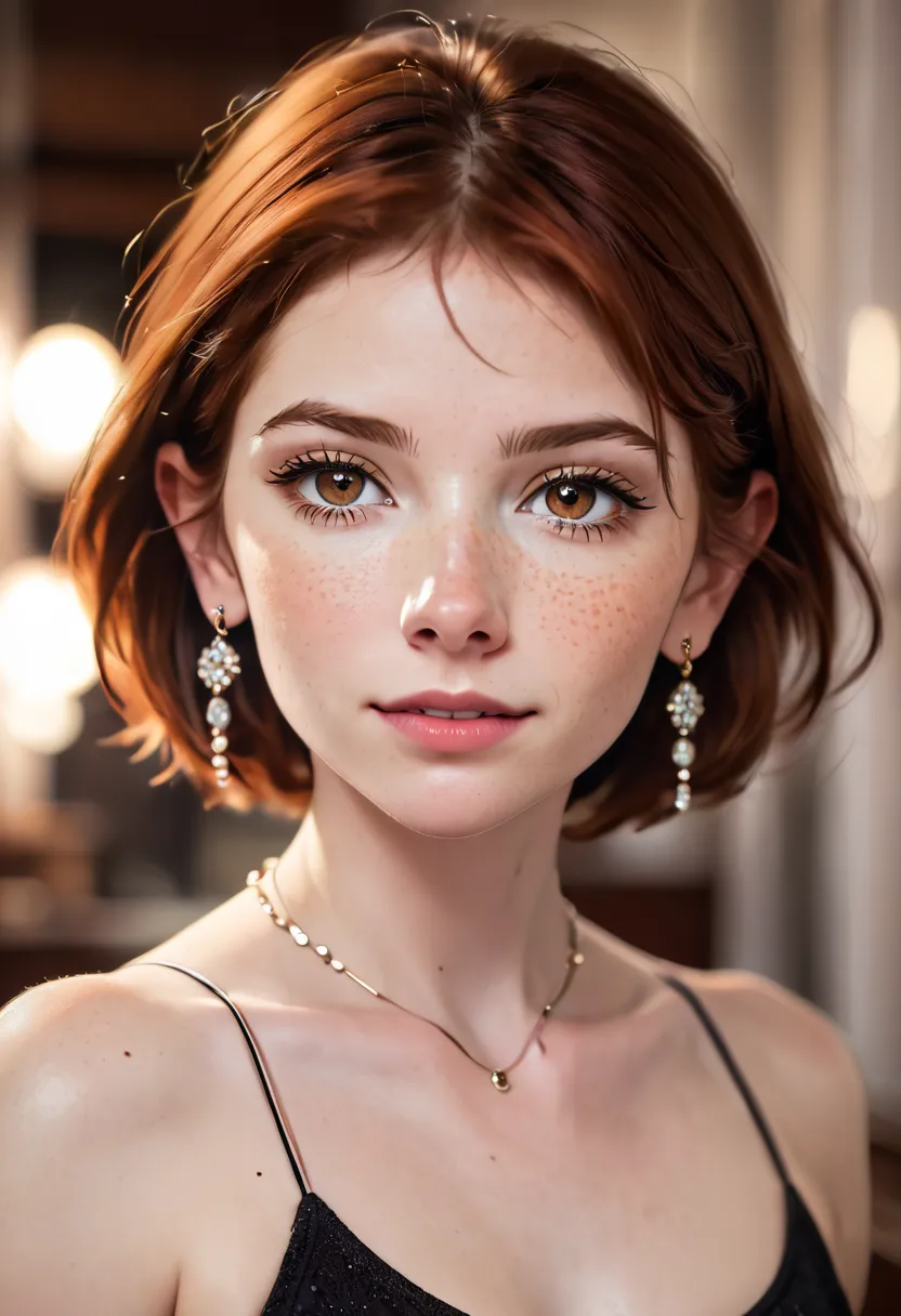 1girl, bare shoulders, blurry, blurry background, brown eyes, collarbone, depth of field, earrings, eyelashes, freckles, grey ey...