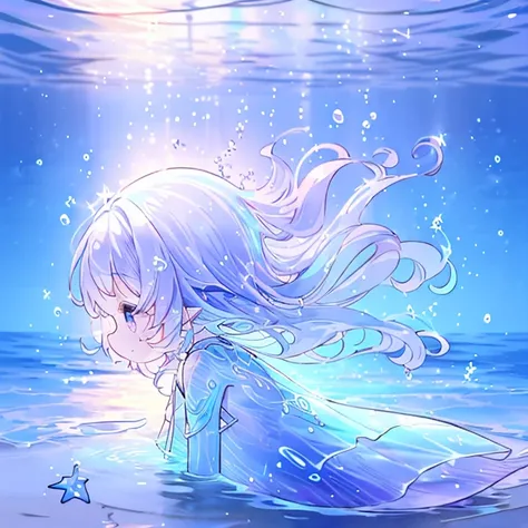 Transparent watercolor、 girl((1 person))、Light blue hair ((long、 have a purple gradation ))、 purple gradation bangs left stretched (( hair between eyes))、 lying in the water ((Reach for the surface of the water ))