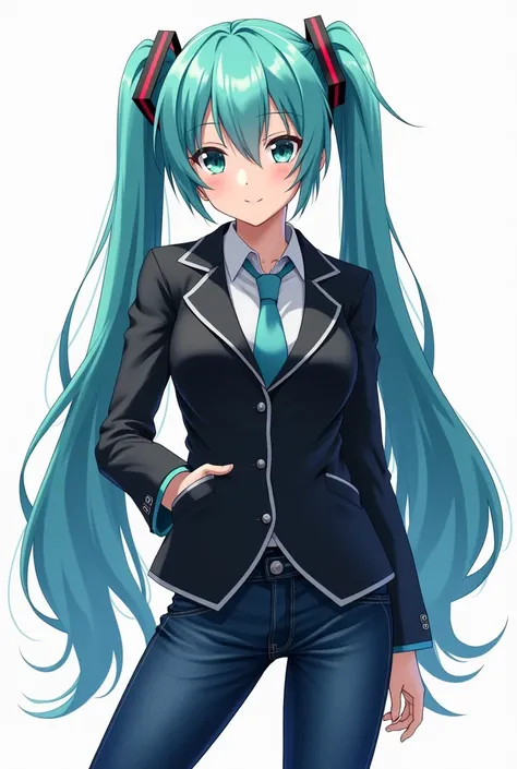 Believe me Hatsune Miku wearing a black jacket and anime-style jeans 