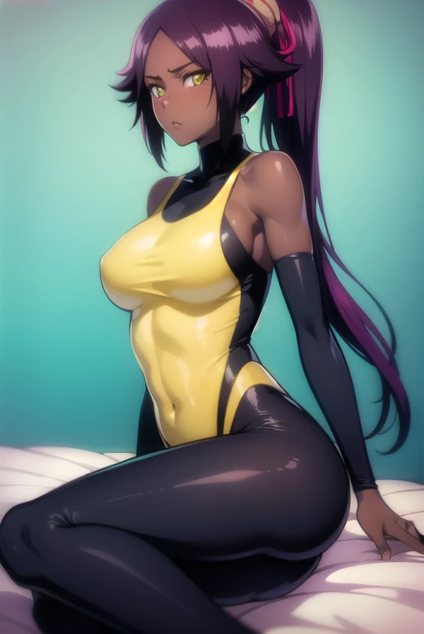 yoruichishihouin, yoruichi shihouin, long hair, (yellow eyes:1.5), ponytail, purple hair, dark skin, dark-skinned female,
 （doing it in great detail  )  young***Hot Teenagers  、 Im wearing a matte black zentai made of spandex　bed　inviting position　sexy　sho...