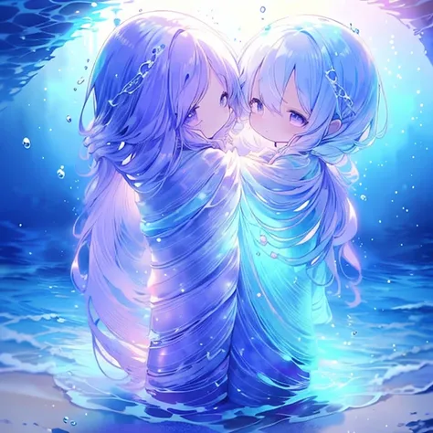 Transparent watercolor、 girl((1 person))、Light blue hair ((long、 have a purple gradation ))、 purple gradation bangs left stretched (( hair between eyes))、 lying in the water ((Reach for the surface of the water ))