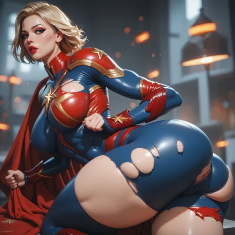 Captain Marvel,  Big breasts , Big buttocks,  thick thighs ,  full lips , red lipstick, light makeup, tight and torn  uniform sexy