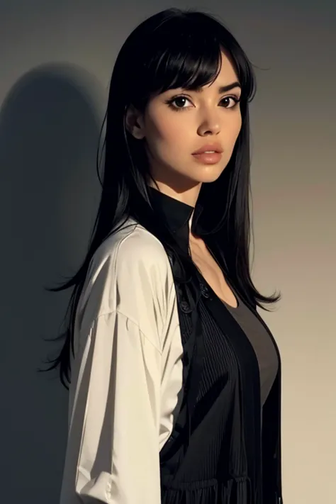 1 ******,Alone, black hair , plain background, long hair ,realistic,lips,fringe, black eyes, upper body , looking at the viewer ,dress,shirt,castanho jacket,long sleeves,