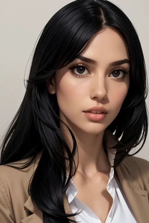 1 ******,Alone, black hair , plain background, long hair ,realistic,lips,fringe, black eyes, upper body , looking at the viewer ,dress,shirt,castanho jacket,long sleeves,