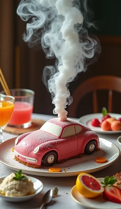  Is it possible to create a delicious ice cream effect with a waterfall of flowing  ，, A waterfall of cigarette smoke and a delicious ice cream effect in the shape of a car， on an upscale dinner plate  ， delicious drinks wrapped around , dessert, and fruit...