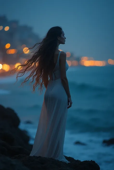 Imagine a woman with long hair with lights from the coast to me and facing the sea