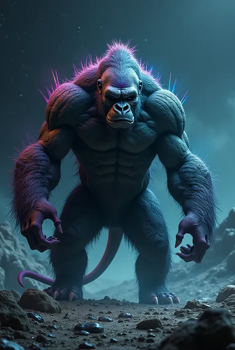 " A dark and fierce fusion between a gorilla and a chameleon ,  with the muscular and powerful body of a gorilla covered with textured, scaly skin,And colors like that of a chameleon.  The creature has the head of a gorilla ,  but with eyes that move indep...