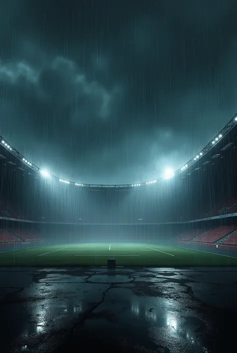 Stadium in the dark , heavy rain,  public in silence