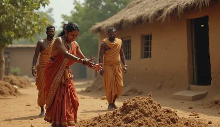 "A frightened woman, holding sacred prasad in one hand, throws it onto a large pile of cow dung near her house. Two villagers in simple dhoti-kurta stand behind her, watching skeptically. The background shows a rural setting with a mud house and trees. Fro...