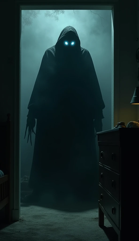 The shadowy figure of the Boogeyman stands 8 meters away in a darkened ’s bedroom, emerging from a shadowy corner. His form is mostly black, with barely visible eyes that seem to glow. The background has dimly lit furniture and eerie shadows that cast a me...