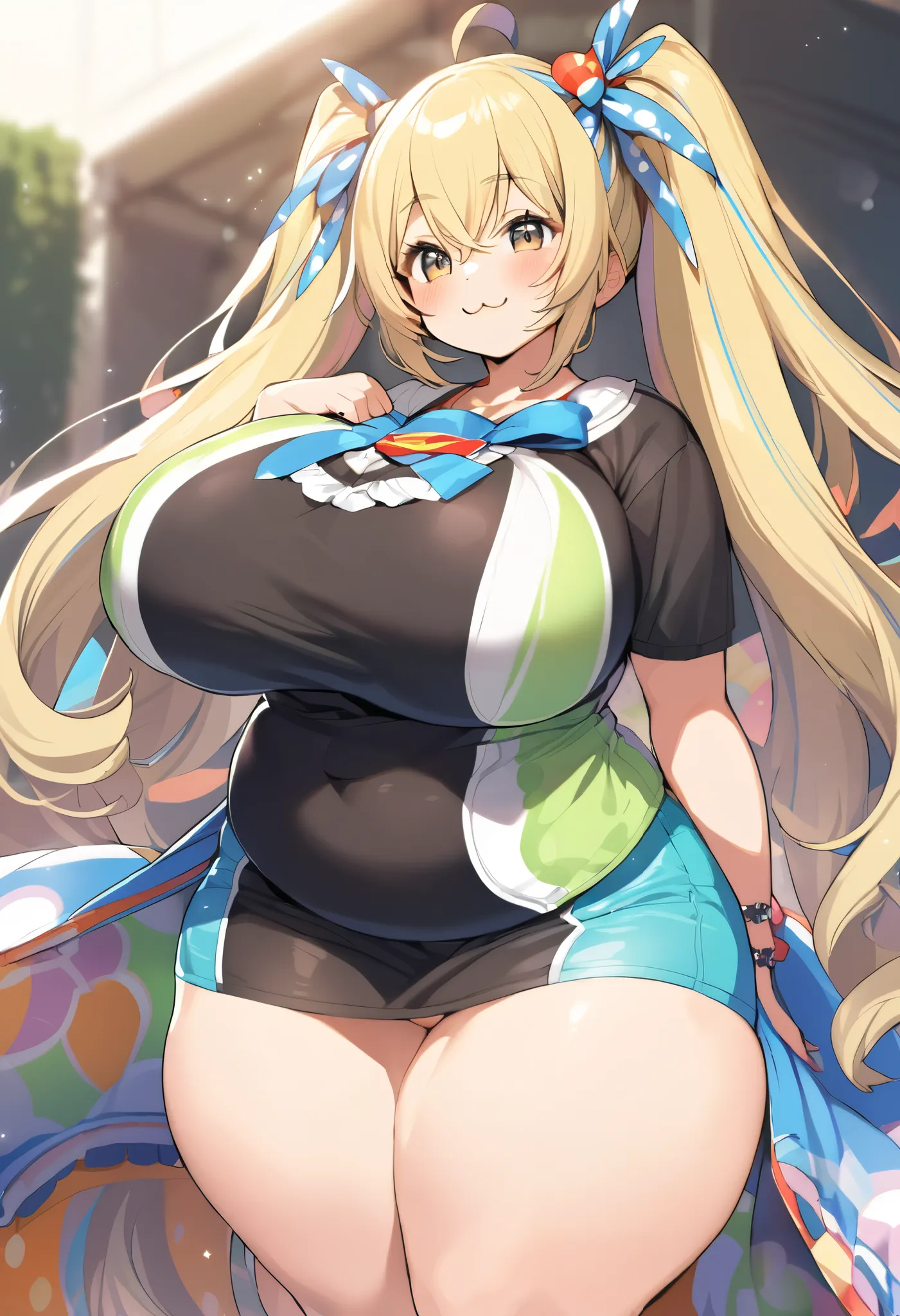 (super pochaco:1.5), plump (blonde) with thick thighs, pigtails, :3 face, big beautiful breasts, modeling