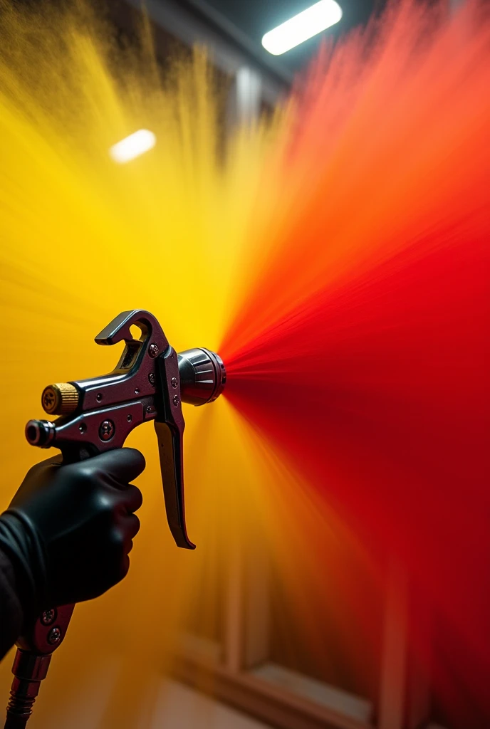 Automotive paint gun throwing red and yellow paint to use as a logo