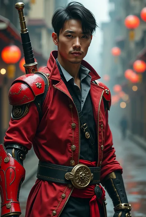 a man of Vietnamese descent has only a futuristic robotic left arm in the color red while the normal right arm wears classic pirate officer clothing , and has a Futuristic Saber approach  