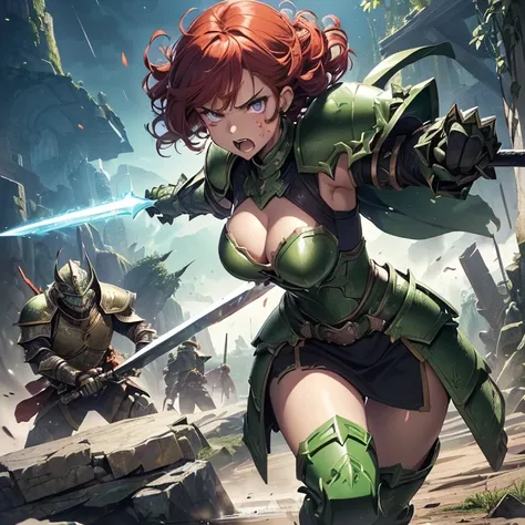 Masterpiece, HD, high resolution, high quality, best quality, super detailed. Multiple characters Fantasy art.
{{(A 60-years-old barbarian-woman:(she has: medium-lentgh scarlet-red curly-hair. purple-eyes. Very beautiful face. Angry-expression. Screaming v...