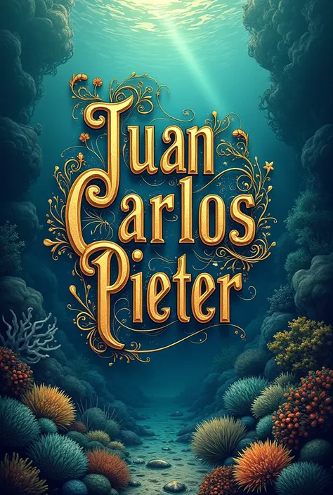 Typography of the name Juan Carlos Pieter,  intricate details,  infinite marine art style .  Predominance of blue green yellow black and white