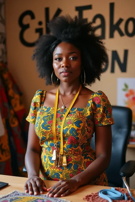 An African fashion designer standing in her office wearing ankara with scissors and stape rule on her neck with business name Ekom Fashion boldly written on the wall 