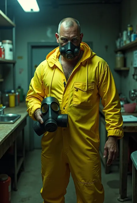 Jesse Pickman in yellow jumpsuit ,  holding a gas mask with his hand, saying " Happy birthday Perra ",  in a meth lab 