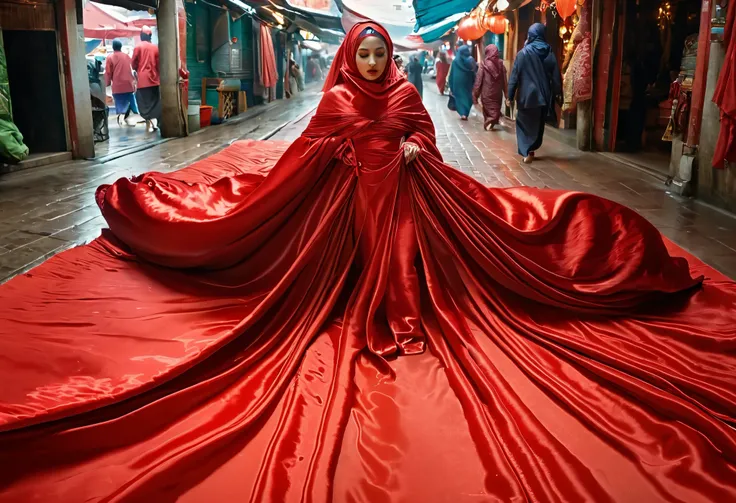 A woman shrouded in a 8-meter-long, plush red satin cloth, tightly bound and grandly draping along the form of her body, flowing off into a pooled floor-length train, styled in a mermaid-inspired outfit, her head modestly veiled in a satin hijab, 175 heigh...