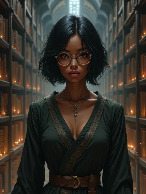  realistic Dungeons and Dragons style art : woman, black,  dark skin apparently , hair cut to the shoulder ,  black hair, In a library, wearing glasses.,  medieval v-neck clothing 