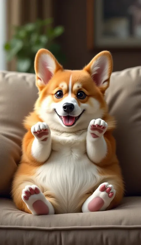 Obese corgi lounging lazily on the sofa。Corgis are putting their hands together and asking。