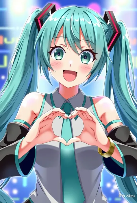 A song cover of Hatsune Miku with her hands making a heart while smiling