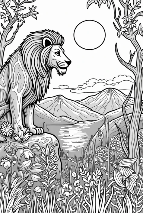 with white background "Create a black-and-white illustration specifically designed for coloring purposes. The artwork should feature clean, bold outlines with no shading or color, ensuring it is easy to color in. Include a central theme, such as animals (e...