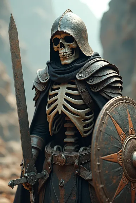 high quality, 8K Ultra HD, Bones is a skeleton with a basic gray helmet and shield with a sword in his right hand. 