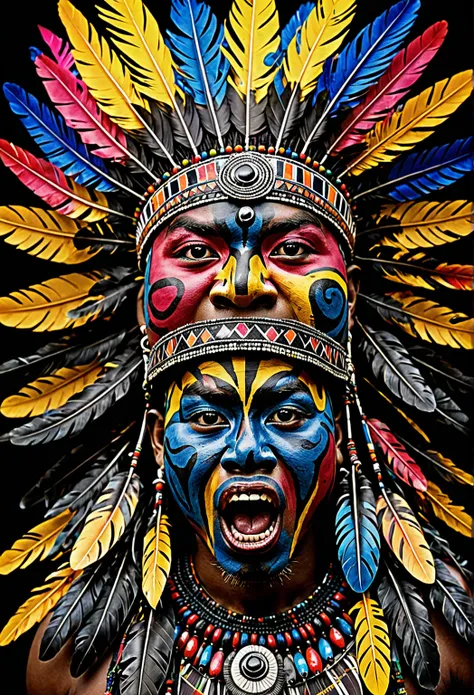 black filipino face painted with black ink in abstract style, in a colorful ethnic warrior feather headdress and face with a extreme shouting, eyes wide open, expression on his face, award - winning photo, a full frame. black background