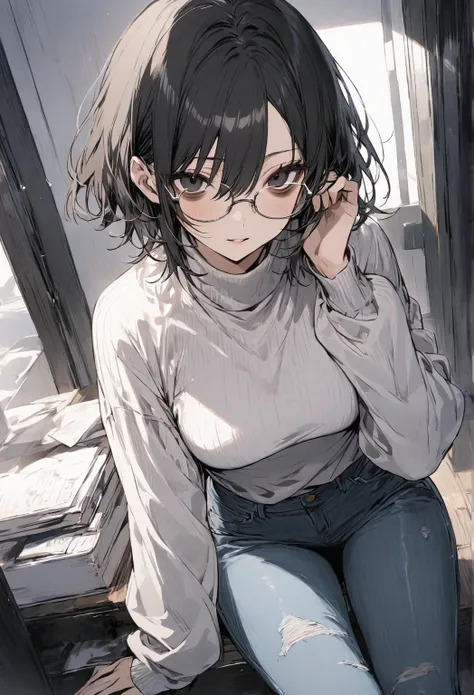 masterpiece, 1 girl, neet girl, black hair parted bangs, short hair, black eyes, bags under eyes, semi-rimless glasses, turtleneck sweater, jeans pant, 