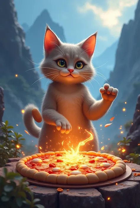 Cat using magic to create pizza in the Magic Mountains