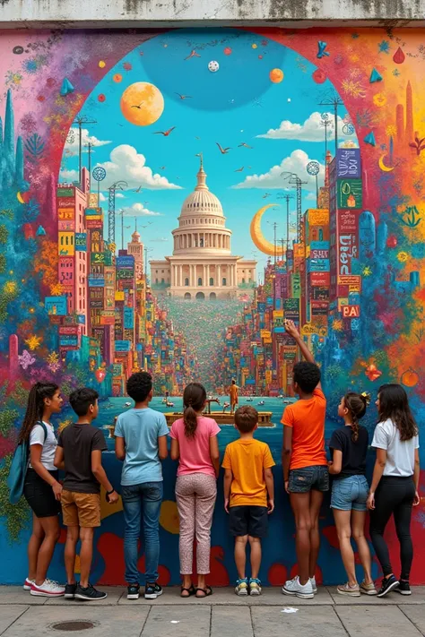 Young people creating a mural about peace