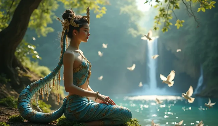 a hyper-realistic 4K image of a Thai Kinnaree sitting gracefully by a serene waterfall in the mythical Himmapan forest. The Kinnaree has a delicate and elegant appearance, wearing a traditional Thai outfit in shimmering blue with golden accents. Her tail i...